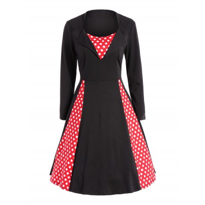 Polka Dot Insert Vintage Swing Dress - Black And Red